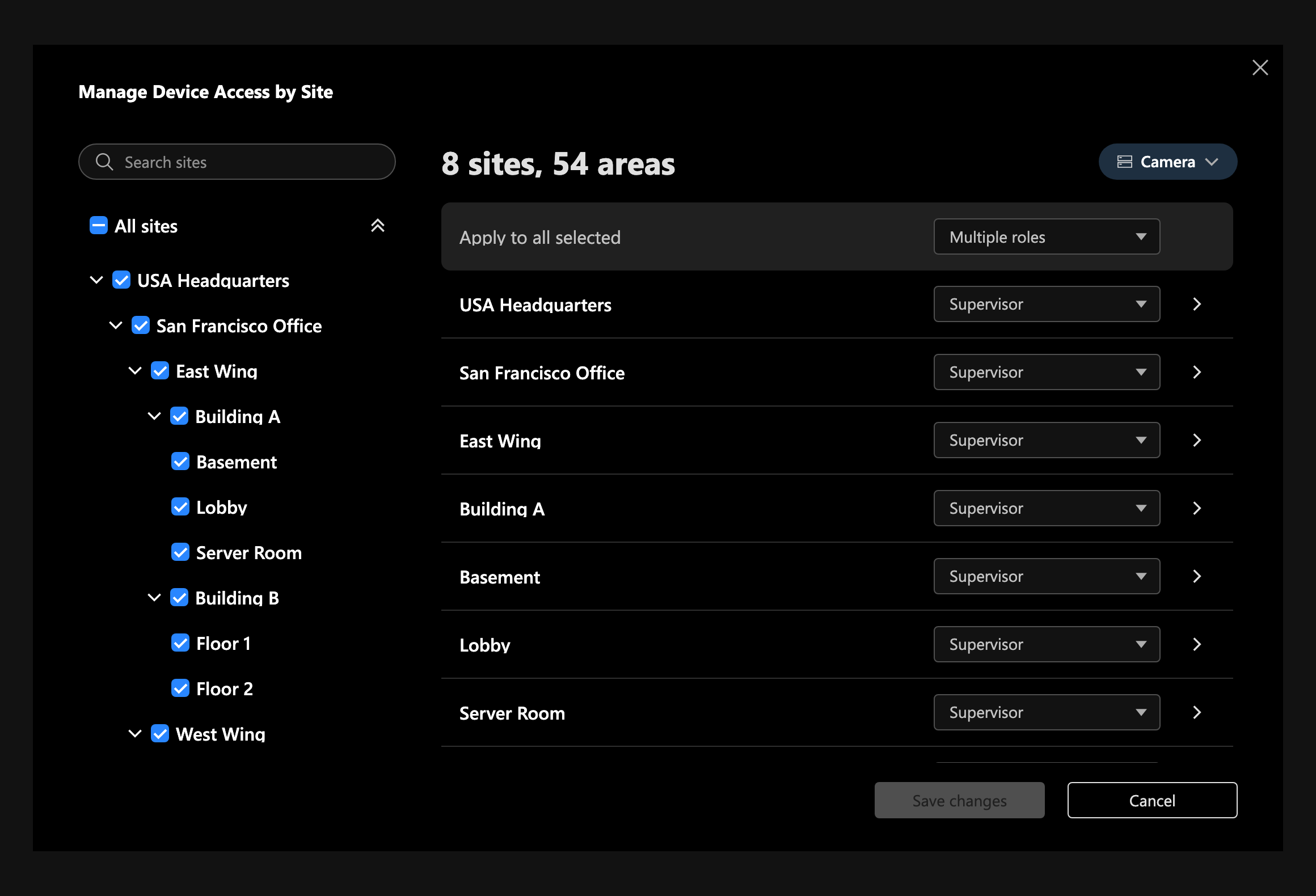 Manage device access by site dialog