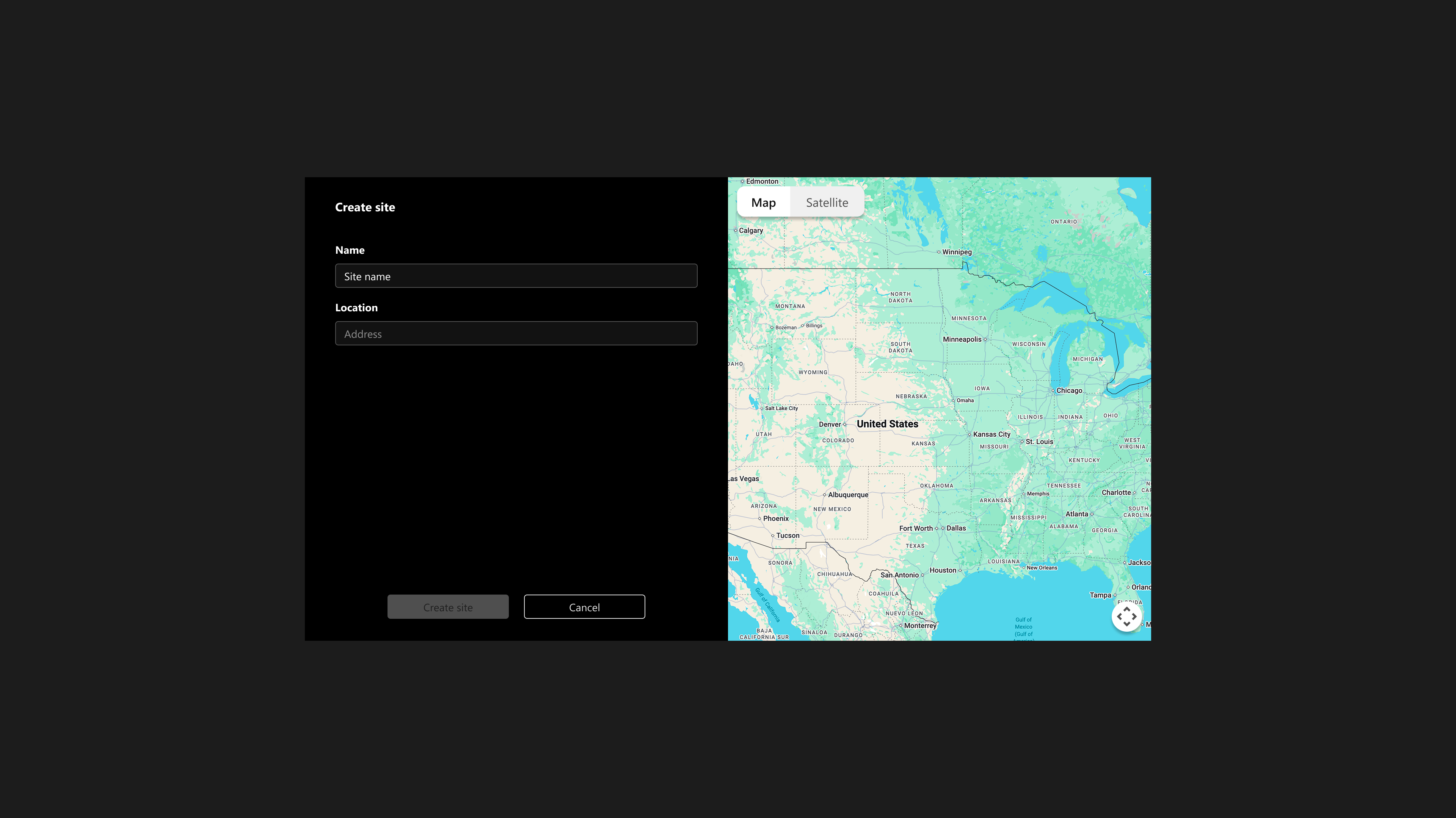 Create site dialog with map
