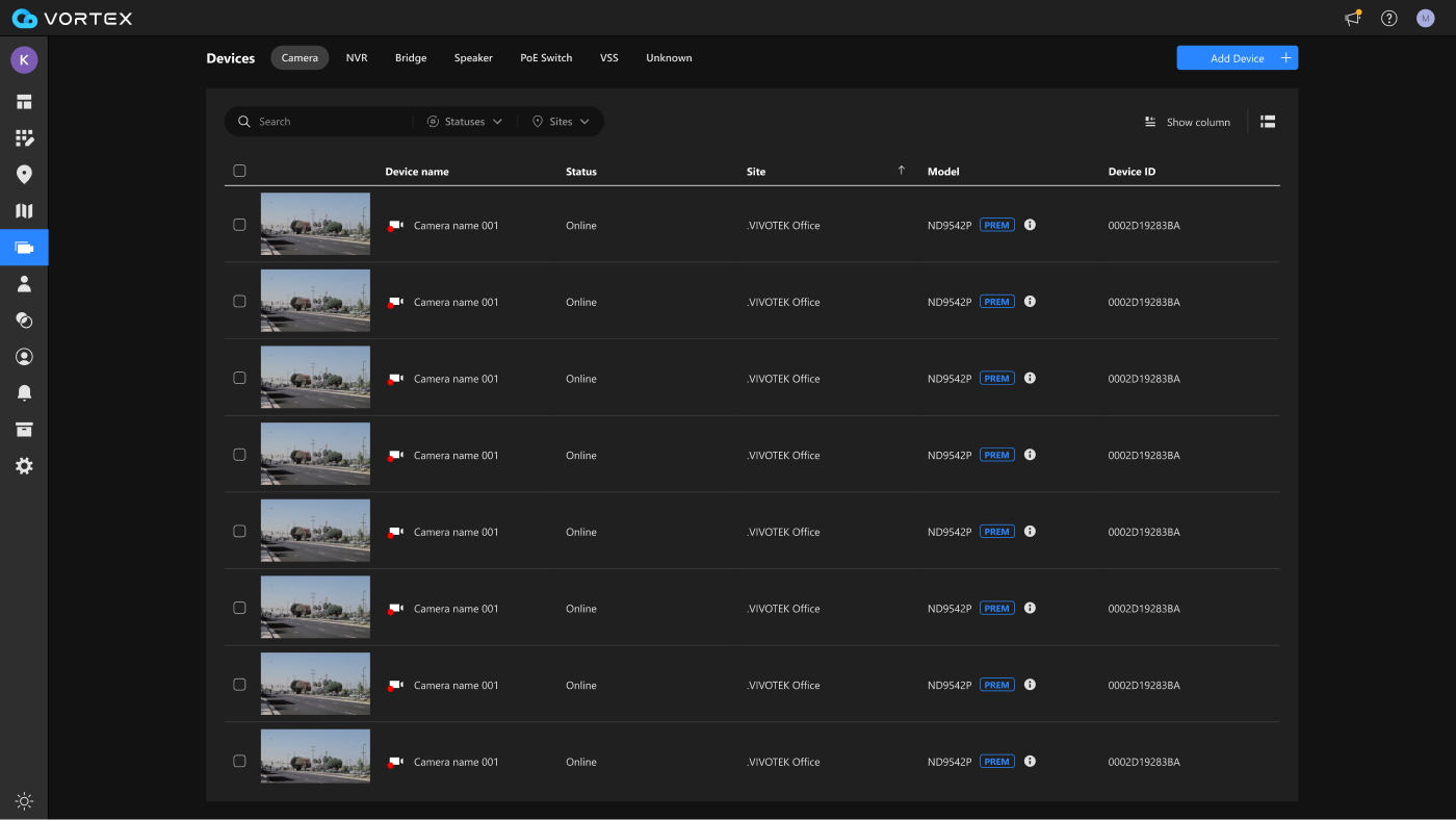 Devices page with Sites filter
