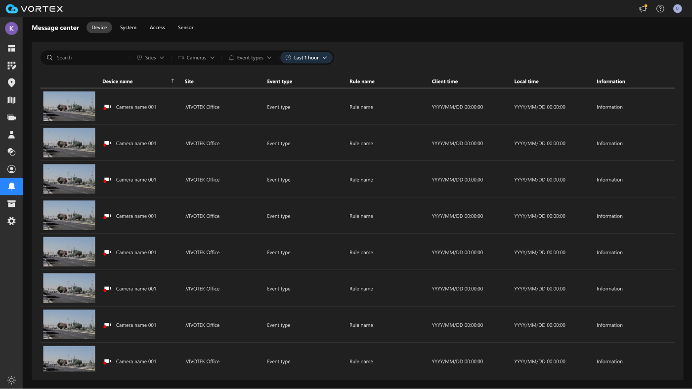 Message center page with Sites filter