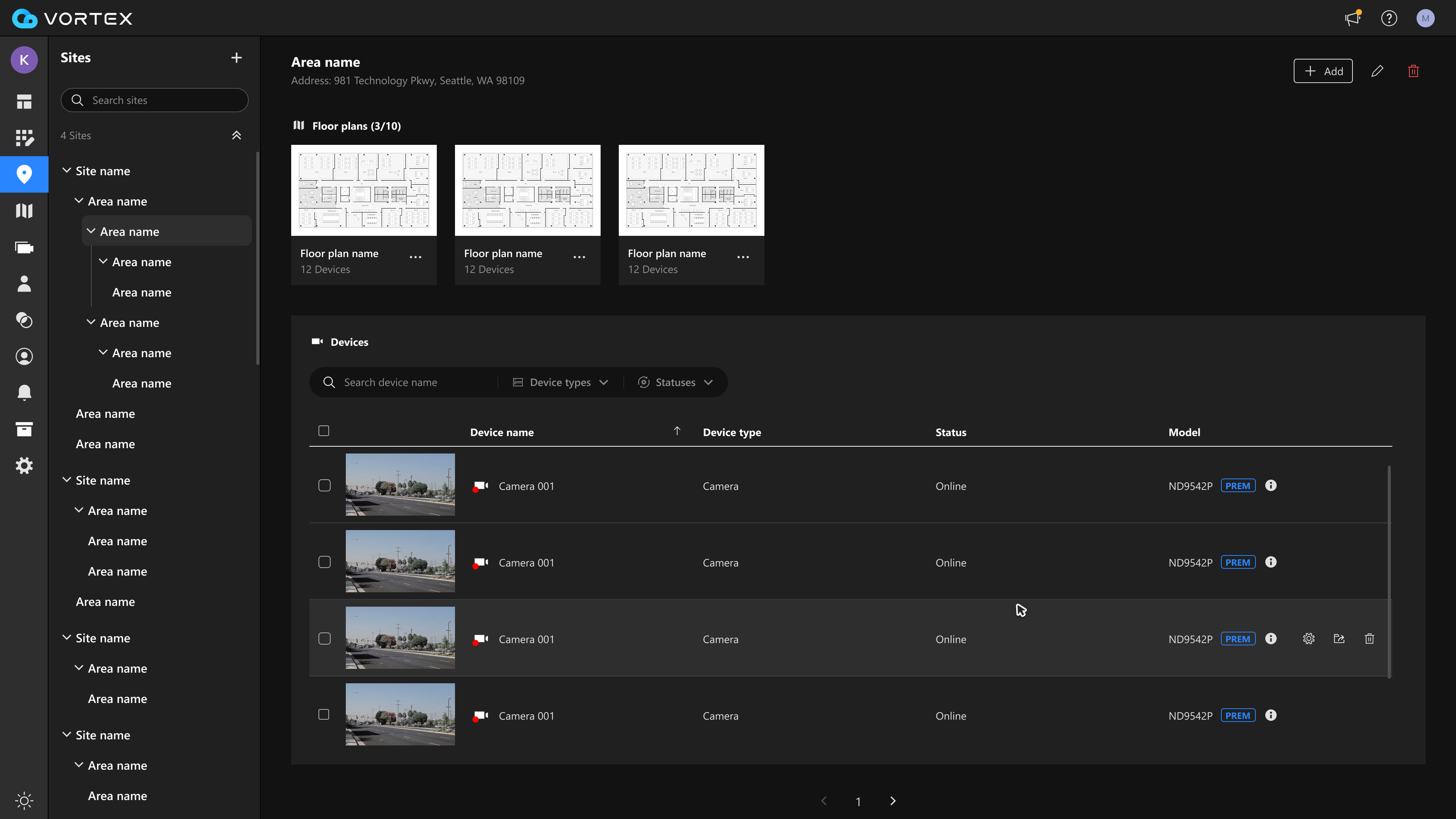 Selected site showing its floor plans and devices