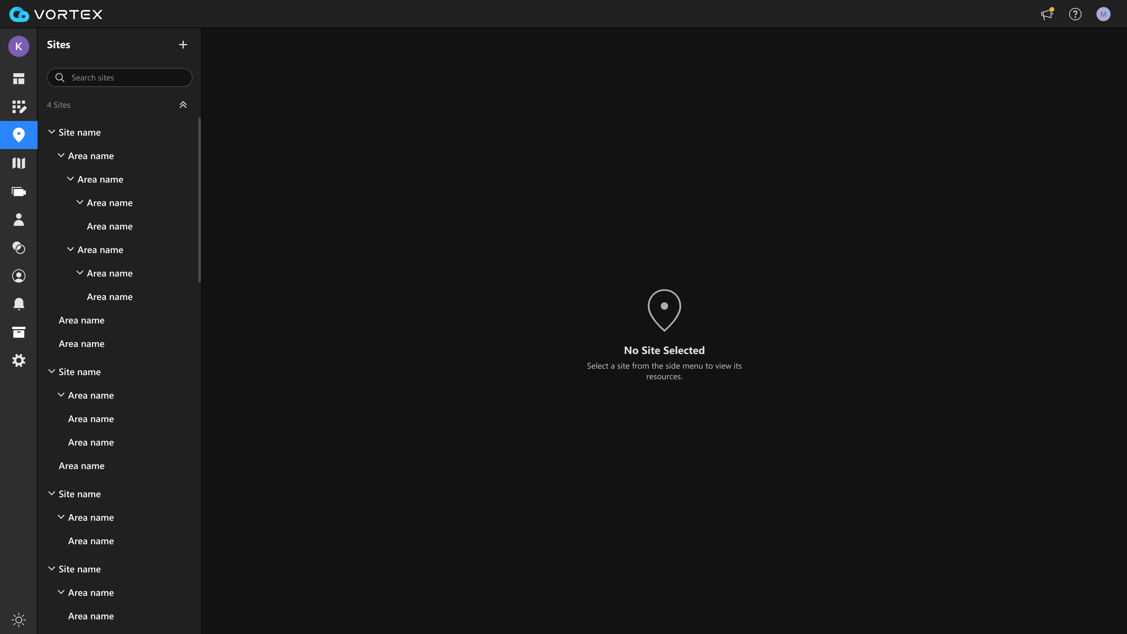 Site list with sites and nested areas